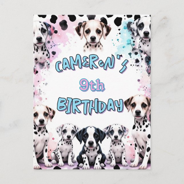 Cartão Postal Aquarela de Aniversário de Cachorrinho Dalmatiano  (Frente)