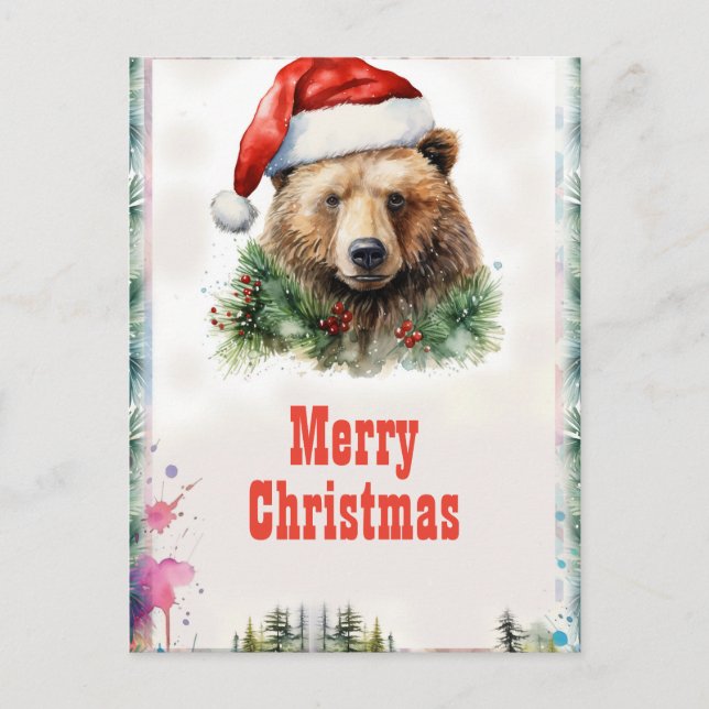 Cartão Postal Aquarela de Bear Natal (Frente)