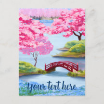 Aquarela de Cerejeiras em Flor Jardim Japonês da P
