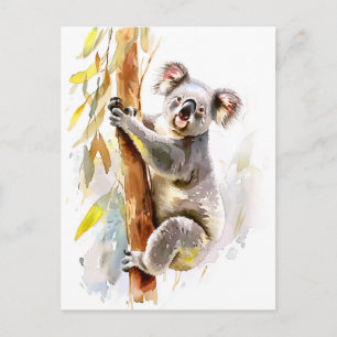 Cartão Postal Aquarela de Coala Subindo Eucalipto