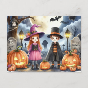 Cartão Postal Aquarela de Crianças de Halloween Fofas