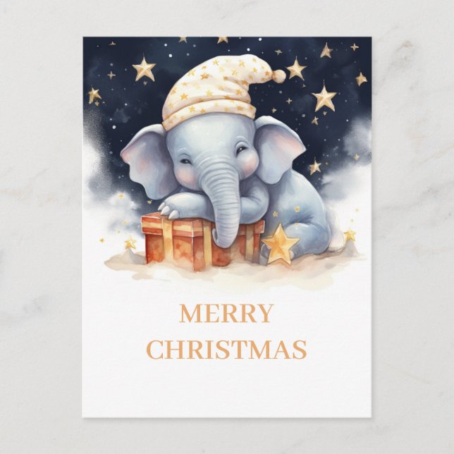 Cartão Postal Aquarela de Elefante de Natal (Frente)