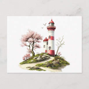 Cartão Postal Aquarela de Farol e Flor de Cerejeira