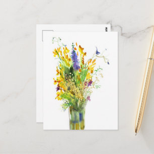 Cartão Postal Aquarela de Flor Silvestre Amarela e Roxa de Verão