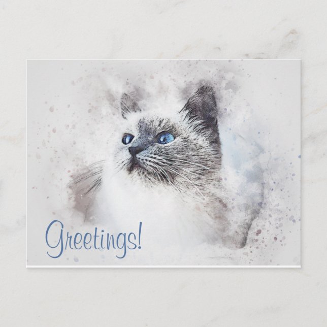 Cartão Postal Aquarela de Gato Fofo (Frente)