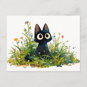 Cartão Postal Aquarela de Gato Preto Kawaii de Grama Alta