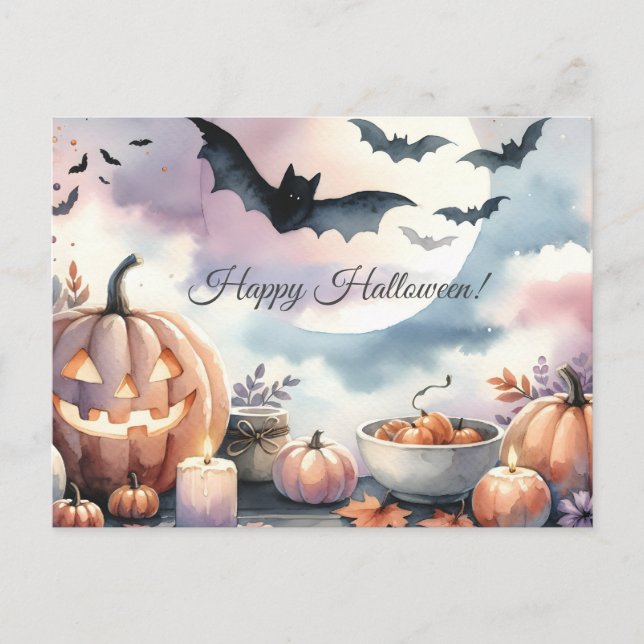 Cartão Postal Aquarela de Halloween (Frente)