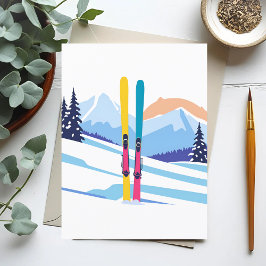 Cartão Postal Aquarela de Inverno da Montanha de Esqui