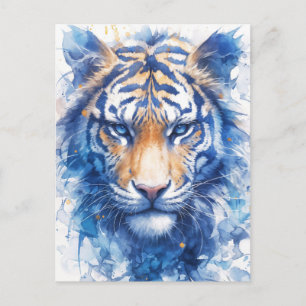 Cartão Postal Aquarela de Majestoso Tigre de Olhos Azuis