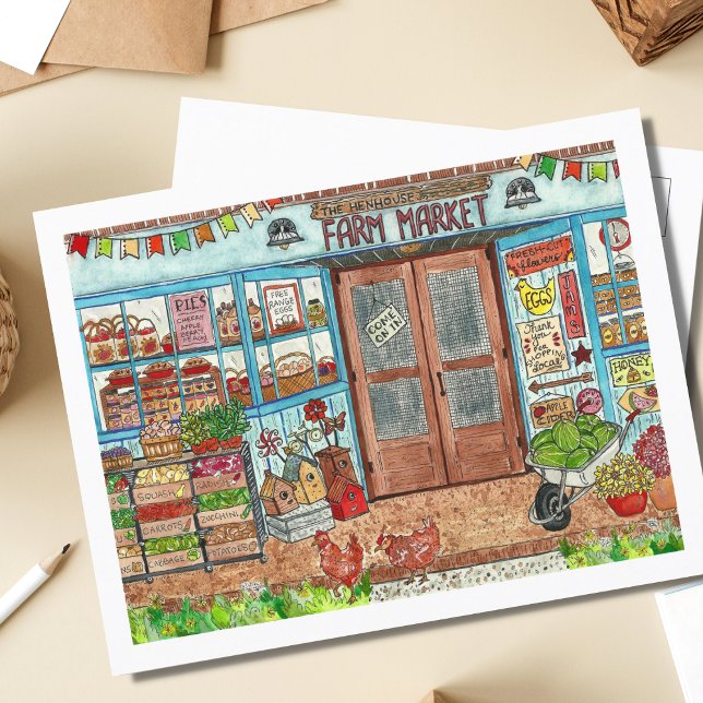 Cartão Postal Aquarela de mercado do agricultor de verão (Criador carregado)