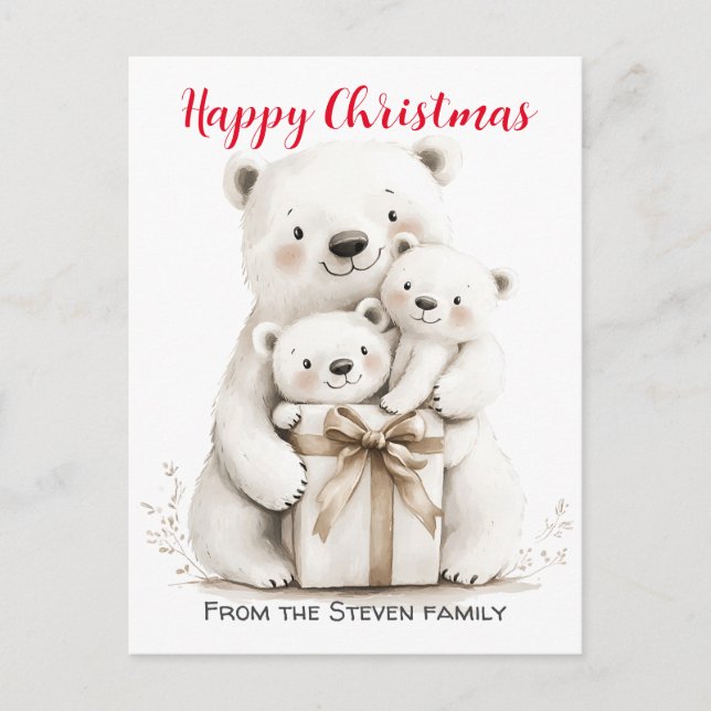 Cartão Postal Aquarela de Natal da Família Bear Encantadora (Frente)