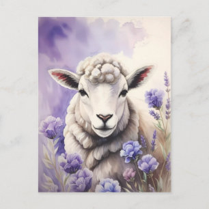 Cartão Postal Aquarela de Ovelha Lanosa e Flores de Lavanda
