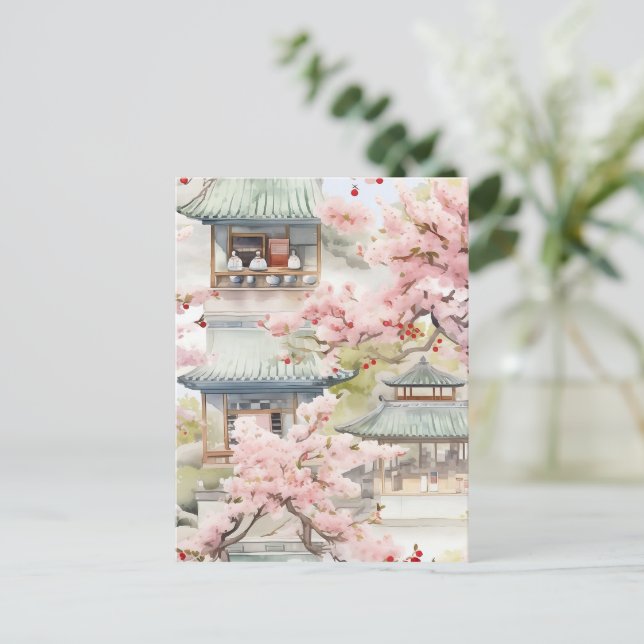 Cartão Postal Aquarela de Pagoda Asiática em meio às flores de c (Em pé/Frente)