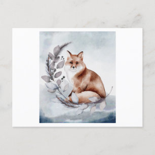 Cartão Postal Aquarela de uma Raposa com uma flor