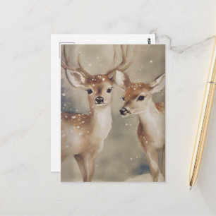 Cartão Postal Aquarela de Veado Adorável de Inverno