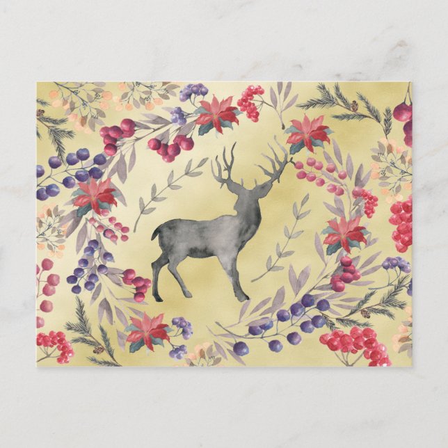 Cartão Postal Aquarela Deer Winter Berries Dourado (Frente)