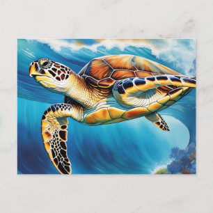Cartão Postal Aquarela Dinâmica das Ondas de Tartaruga do Mar
