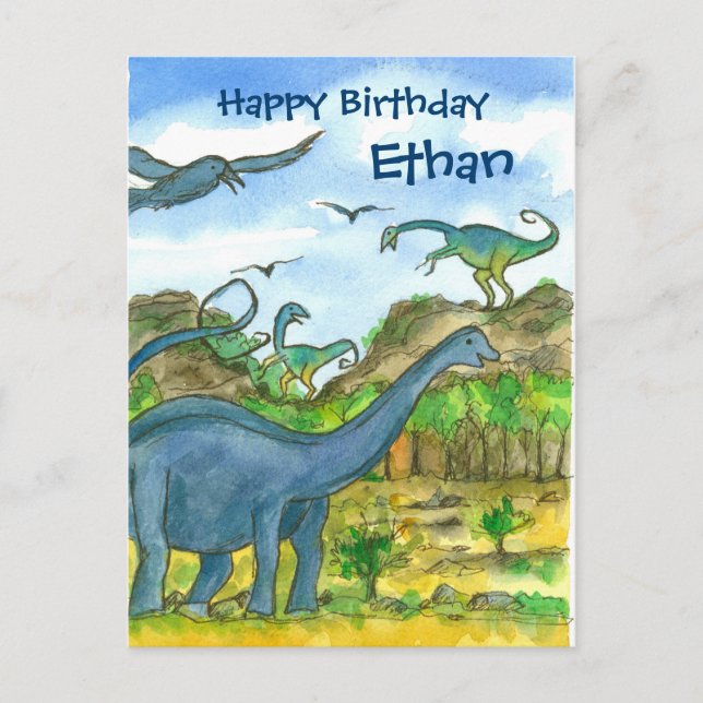 Cartão Postal Aquarela Dinossauros Feliz Aniversário Nome Person (Frente)