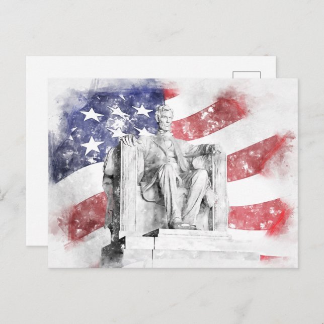 Cartão Postal Aquarela do Memorial Lincoln com bandeira american (Frente/Verso)
