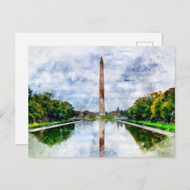 Cartão Postal aquarela do Monumento a Washington com reflexo (Frente/Verso)