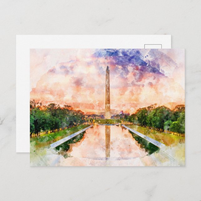 Cartão Postal Aquarela do Monumento a Washington durante o pôr d (Frente/Verso)