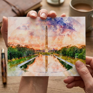 Cartão Postal Aquarela do Monumento a Washington durante o pôr d