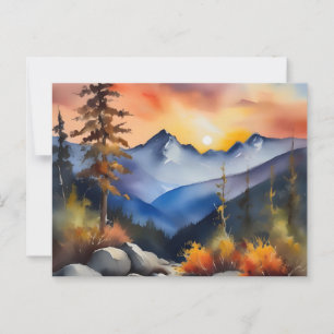 Cartão Postal Aquarela do nascer do sol sobre as montanhas cober