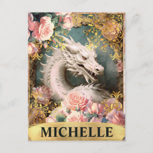 Cartão Postal Aquarela Dragão Branco Vintage e Rosas Pink
