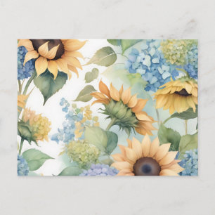 Cartão Postal Aquarela Elegante de Girassóis e Hortênsias