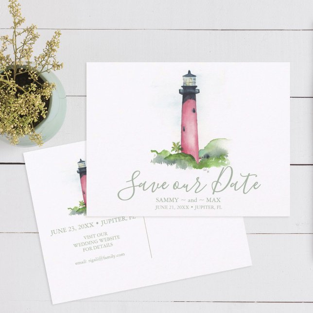 Cartão Postal Aquarela Farol Save the Date (Beach wedding save the date invitation ocean and lighthouse watercolor art by Victoria Grigaliunas)