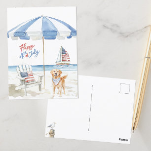 Cartão Postal Aquarela Feliz 4 de Julho Praia Cão Patriótico