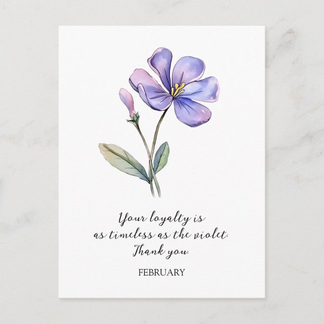 CARTÃO POSTAL AQUARELA FEVEREIRO VIOLETA FLOR DE NASCIMENTO OBRI (Frente)