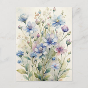 Cartão Postal Aquarela Floral Azul Desbotado