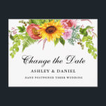Cartão Postal Aquarela Floral De Girassol Altera A Data<br><div class="desc">Moderno Elegante Aquarela Floral de Girassol A data do adiamento do casamento O cartão postal contém girassóis,  rosas cor-de-rosa e verde</div>
