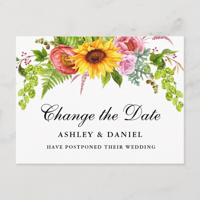 Cartão Postal Aquarela Floral De Girassol Altera A Data (Frente)