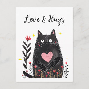 Cartão Postal Aquarela Floral Gato Preto Amor e Abraços