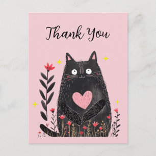 Cartão Postal Aquarela Floral Gato Preto com Coração Obrigado