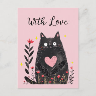Cartão Postal Aquarela Floral Gato Preto Coração Rosa Com Amor