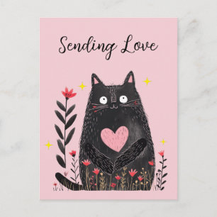 Cartão Postal Aquarela Floral Gato Preto e Coração Enviando Amor