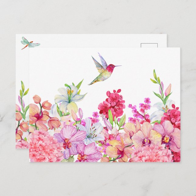 Cartão Postal Aquarela Flores de Pássaros (Frente/Verso)