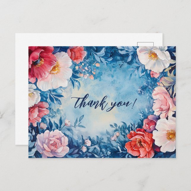 Cartão Postal Aquarela Flores Rosa Azul OBRIGADO PERSONALIZADO (Frente/Verso)