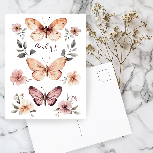 Cartão Postal Aquarela Florestas Borboletas Obrigado (Watercolor Florals Butterflies Thank You Postcard
)