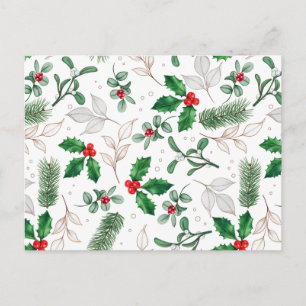 Cartão Postal Aquarela Folhas e Frutas de Natal Brancas
