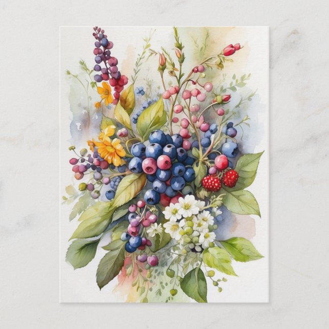 Cartão Postal Aquarela Frutas Silvestres e Flores Natureza  (Frente)