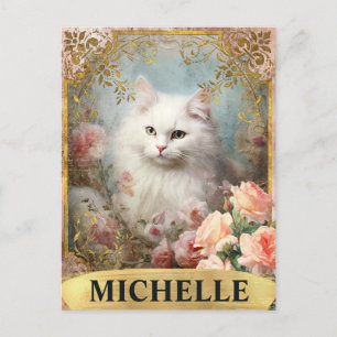 Cartão Postal Aquarela Gato Branco Vintage e Rosas Pink