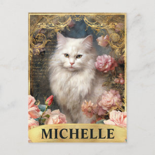 Cartão Postal Aquarela Gato Branco Vintage e Rosas Pink