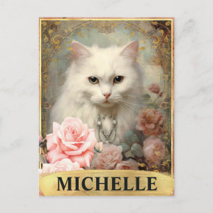 Cartão Postal Aquarela Gato Branco Vintage e Rosas Pink