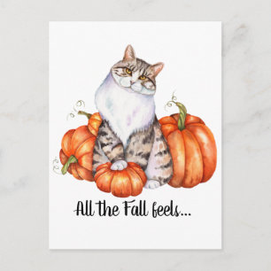 Cartão Postal Aquarela, Gato e Pumpkins, Sentimento de queda