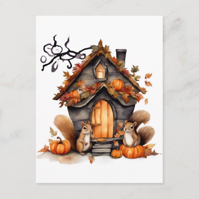 Cartão Postal Aquarela Gerada por AI dos Esquilos de Outono (Frente)