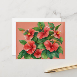 Cartão Postal Aquarela Hibisco Vermelho Tropical Havaí